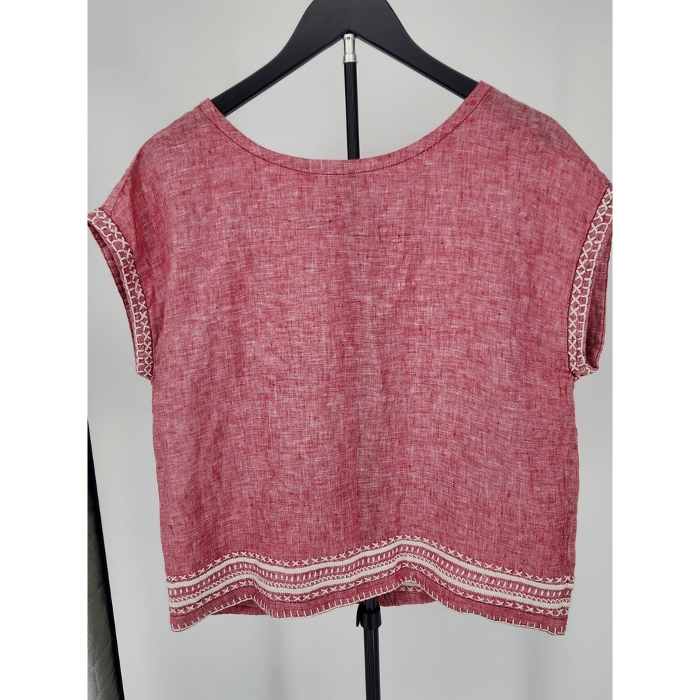 Sigrid Olsen Womens Red 100% Linen Embroidered Button Back Blouse Top Size S